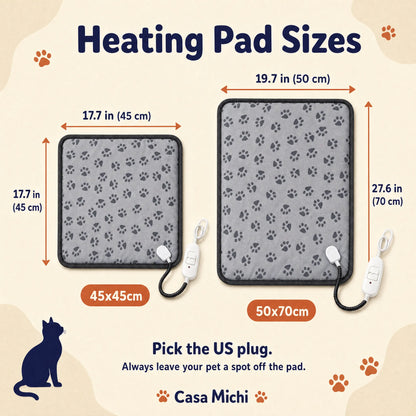 Casa Michi heating pad size guide: 17.7 x 17.7 in (45 x 45 cm) and 19.7 x 27.6 in (50 x 70 cm)