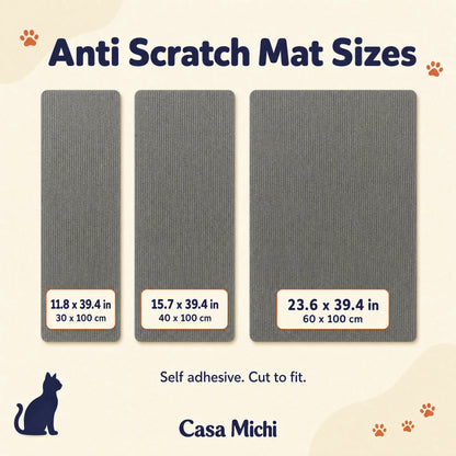 Casa Michi anti scratch sofa mat size guide: 11.8, 15.7 and 23.6 in wide by 39.4 in long (30, 40 and 60 x 100 cm)