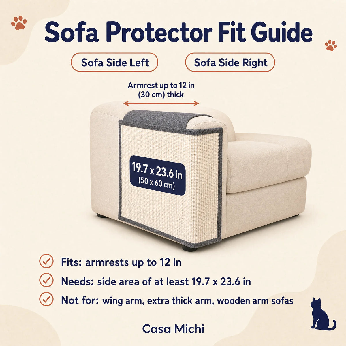 Casa Michi sofa scratch protector fit guide: 19.7 x 23.6 in (50 x 60 cm), fits armrests up to 12 in thick