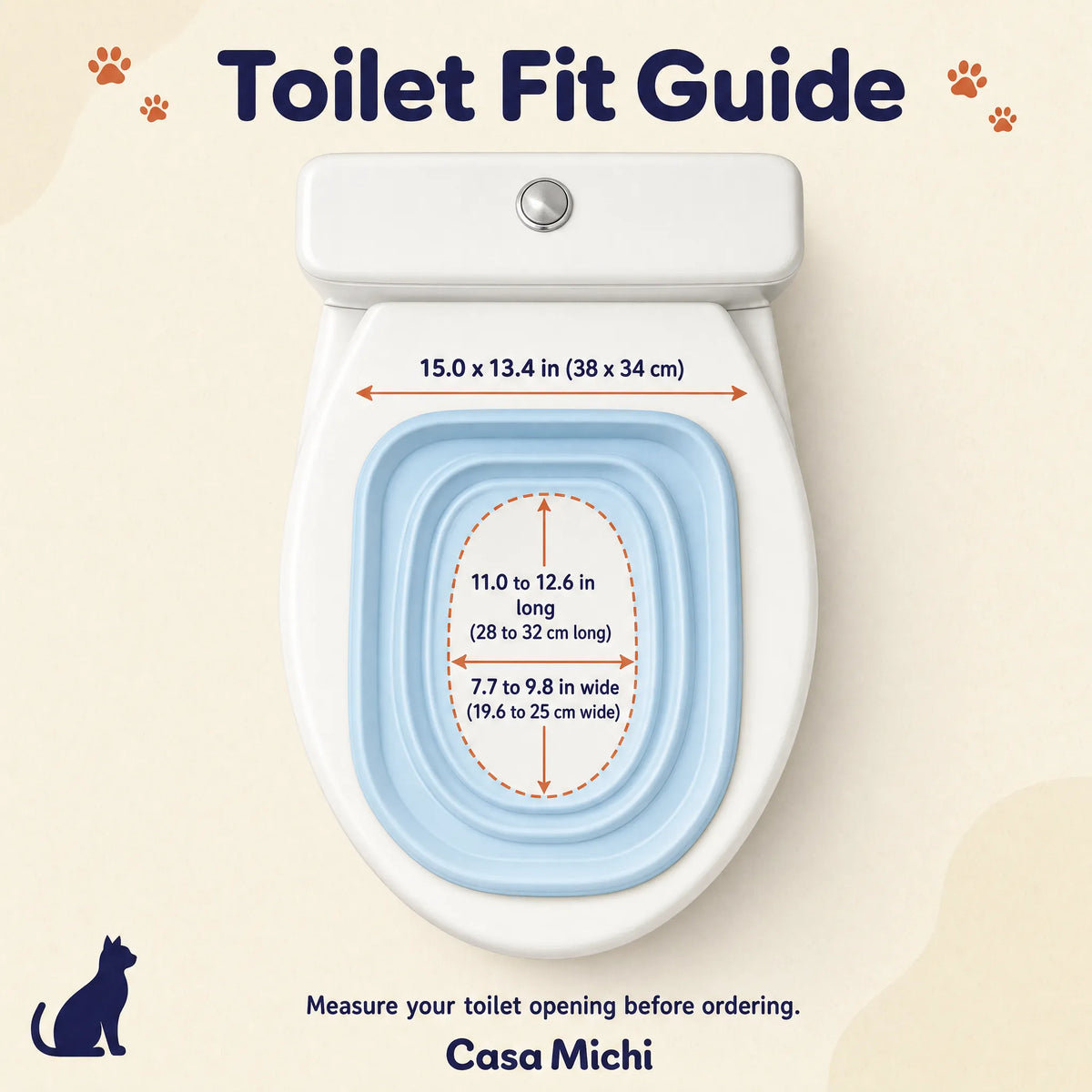 Casa Michi cat toilet trainer fit guide: trainer 15.0 x 13.4 in (38 x 34 cm) for toilet openings 11.0 to 12.6 in long and 7.7 to 9.8 in wide