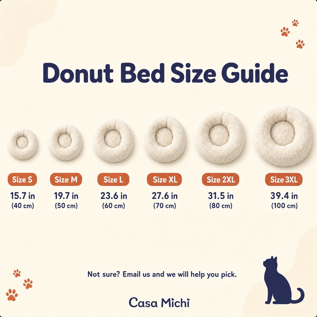 Casa Michi donut bed size guide: Size S 15.7 in (40 cm), M 19.7 in (50 cm), L 23.6 in (60 cm), XL 27.6 in (70 cm), 2XL 31.5 in (80 cm), 3XL 39.4 in (100 cm)