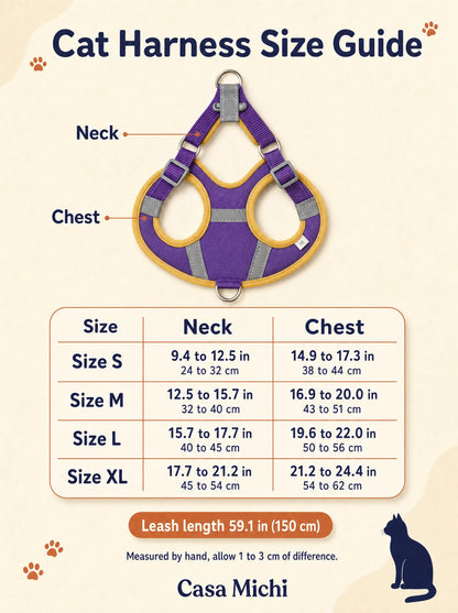 Casa Michi cat harness size guide with neck and chest measurements for sizes S, M, L and XL
