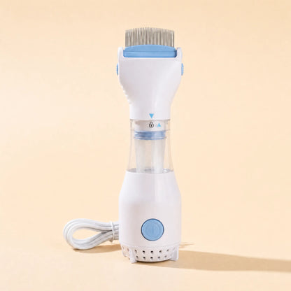 White and light blue electric flea comb standing upright on a cream background with metal comb teeth, clear collection chamber, round power button and coiled cord