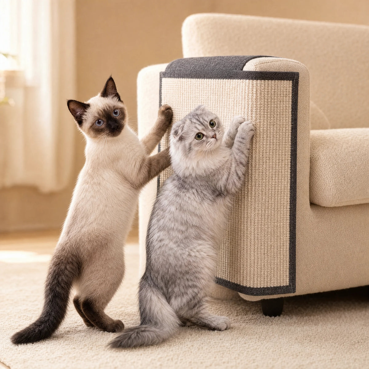 Gato siamés y Scottish Fold gris rascando el Protector rascador de sisal para sofá en el brazo de un sofá crema