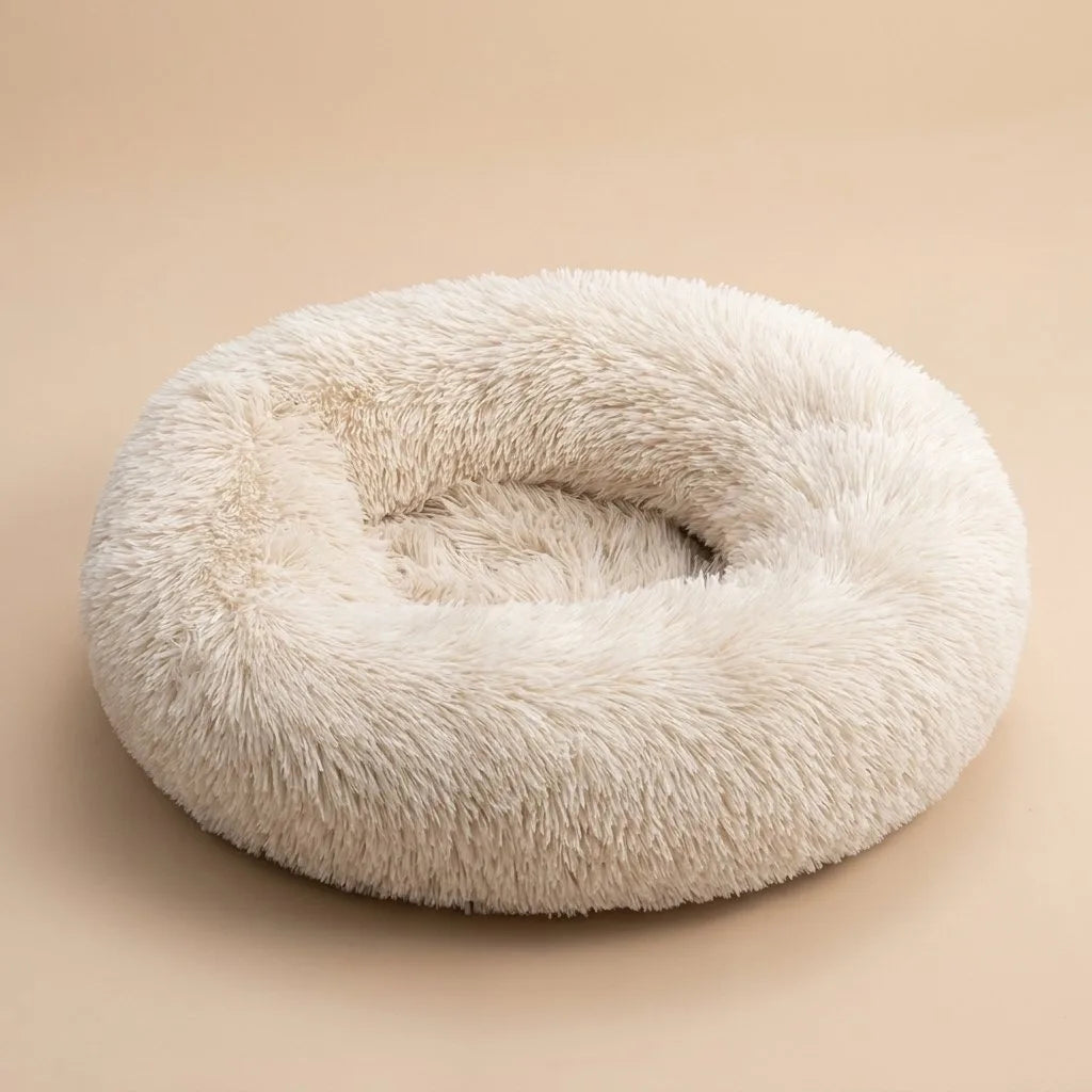 Casa Michi cream shaggy donut cat bed overhead three-quarter studio shot