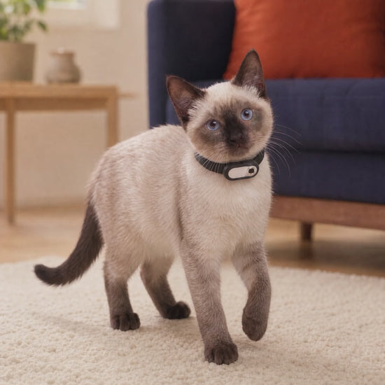 Siamese cat wearing the Camera Cat Collar walking across a rug