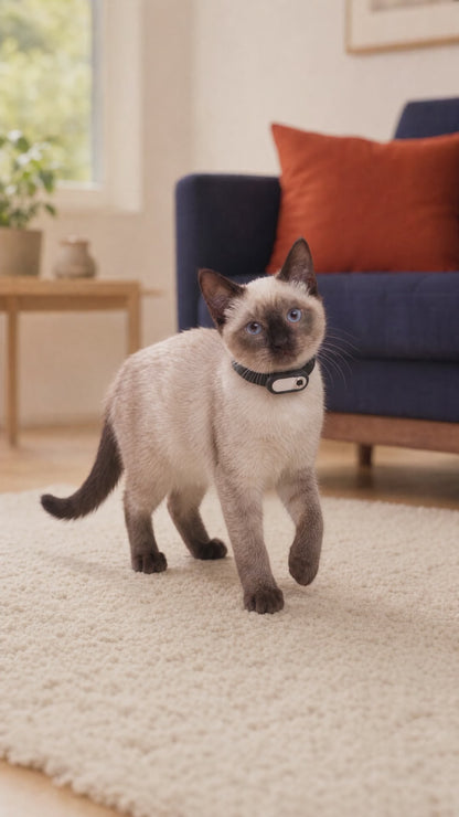 Siamese cat wearing the Camera Cat Collar walking across a rug