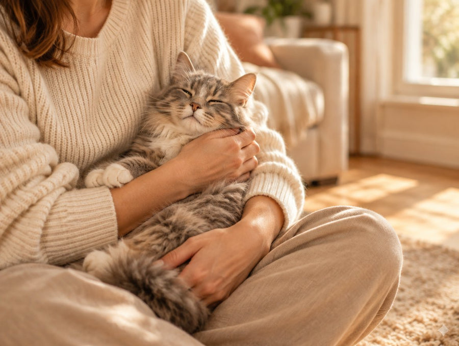 Person cradling a relaxed fluffy grey tabby cat in a sunlit living room, Why Casa Michi