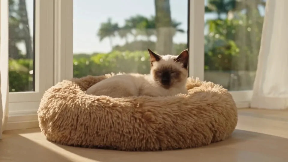 Gato siamés descansando en una cama dona beige de Casa Michi junto a una ventana soleada.